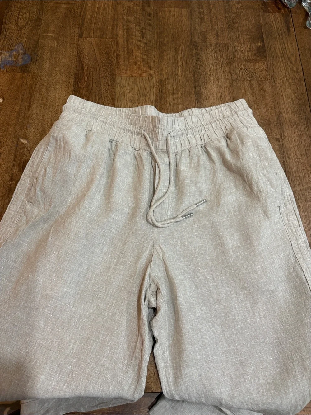 Tan Quince European Linen Wide Leg Pants. Large. Drawstring waist